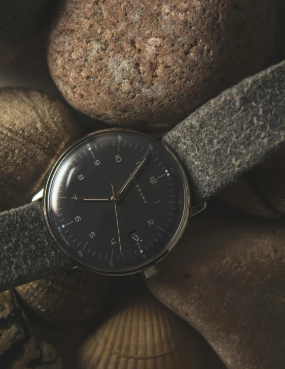 a watch sitting on top of a pile of rocks, inspired by Eero Järnefelt, unsplash, modernism, made of wool, close up front view, grain”, thumbnail