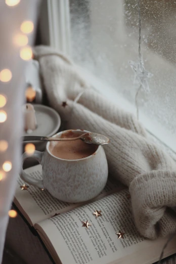a cup of coffee sitting on top of an open book, by Elaine Hamilton, pexels contest winner, romanticism, fairy lights, winter photograph, silver，ivory, milk and mocha style