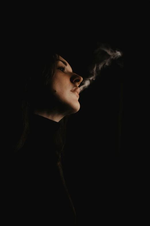 a woman smoking a cigarette in the dark, an album cover, pexels contest winner, visual art, low view, 4 2 0, taken on iphone 14 pro, very high quality face