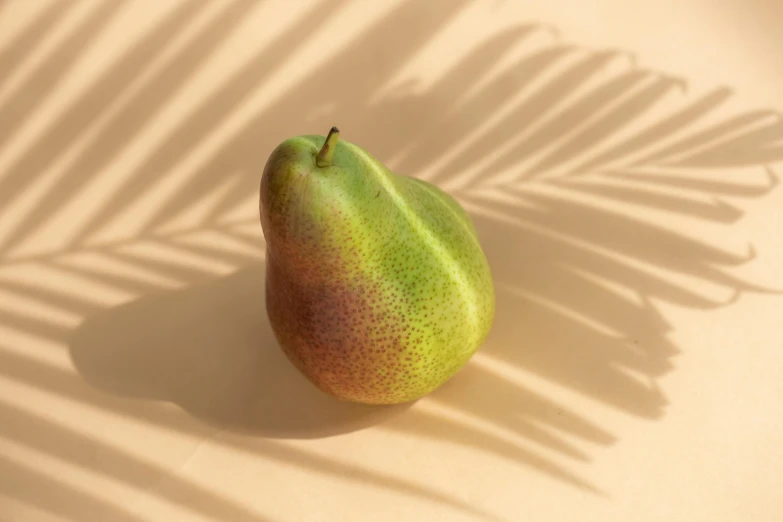 a pear sitting on top of a table next to a palm leaf, inspired by Charles Le Roux, trending on pexels, gradient light green, potato, miniature product photo, multi - coloured