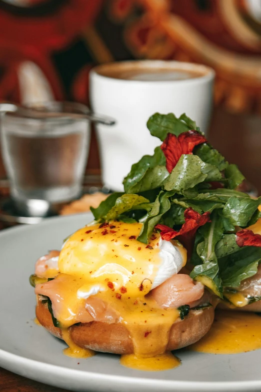 a close up of a plate of food on a table, eggs benedict cumberbatch, aussie baristas, lush greens, drink