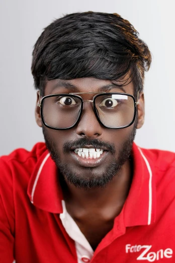 a man wearing glasses and a red shirt, inspired by Ismail Gulgee, trending on reddit, monster teeth, retouched, oozing black goo, 9gag