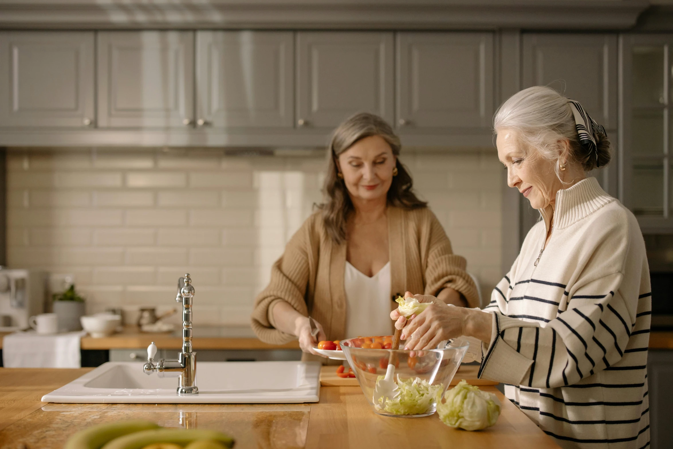 two women in a kitchen preparing food together, pexels contest winner, white haired lady, background image, thumbnail, candid