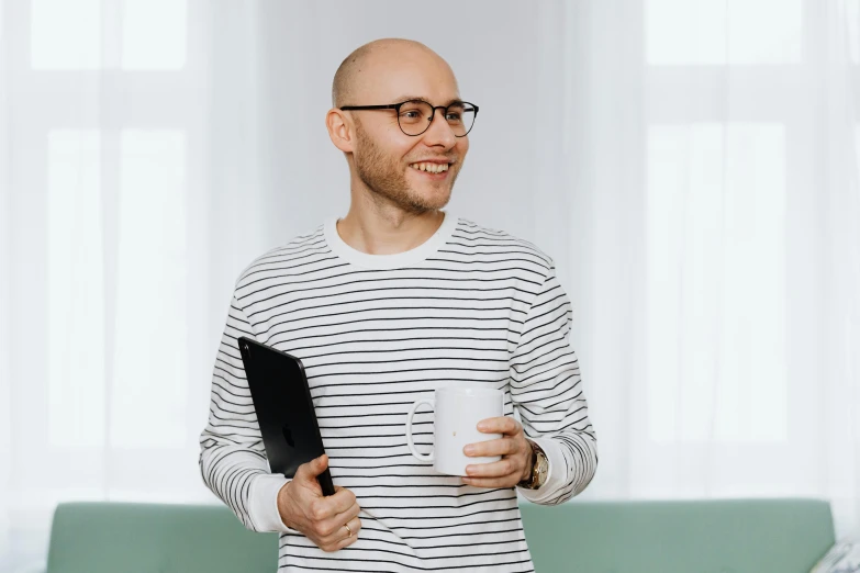 a man holding a cup of coffee and a cell phone, inspired by Leo Leuppi, happening, bald lines, wearing stripe shirt, holding notebook, anton fadeev 8 k