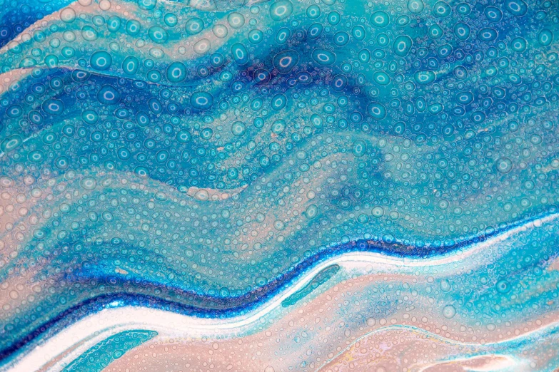 a close up of a painting of a wave, by Sophie Pemberton, analytical art, iridescent soapy bubbles, full of sand and glitter, paper marbling, whimsical and psychedelic