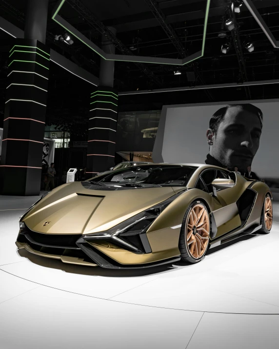 a gold car sitting on top of a white floor, veneno, 2 0 2 2, looking towards the camera, large)}]