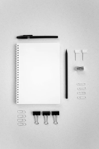 a notepad sitting on top of a table next to a pencil, a drawing, minimalism, behance lemanoosh, 'white background'!!!, knolling, 15081959 21121991 01012000 4k