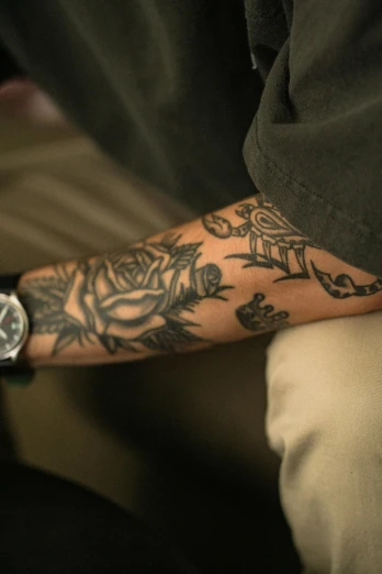 a close up of a person with a wrist tattoo, by Greg Rutkowski, slide show, ap art, 2 arms, sitting down