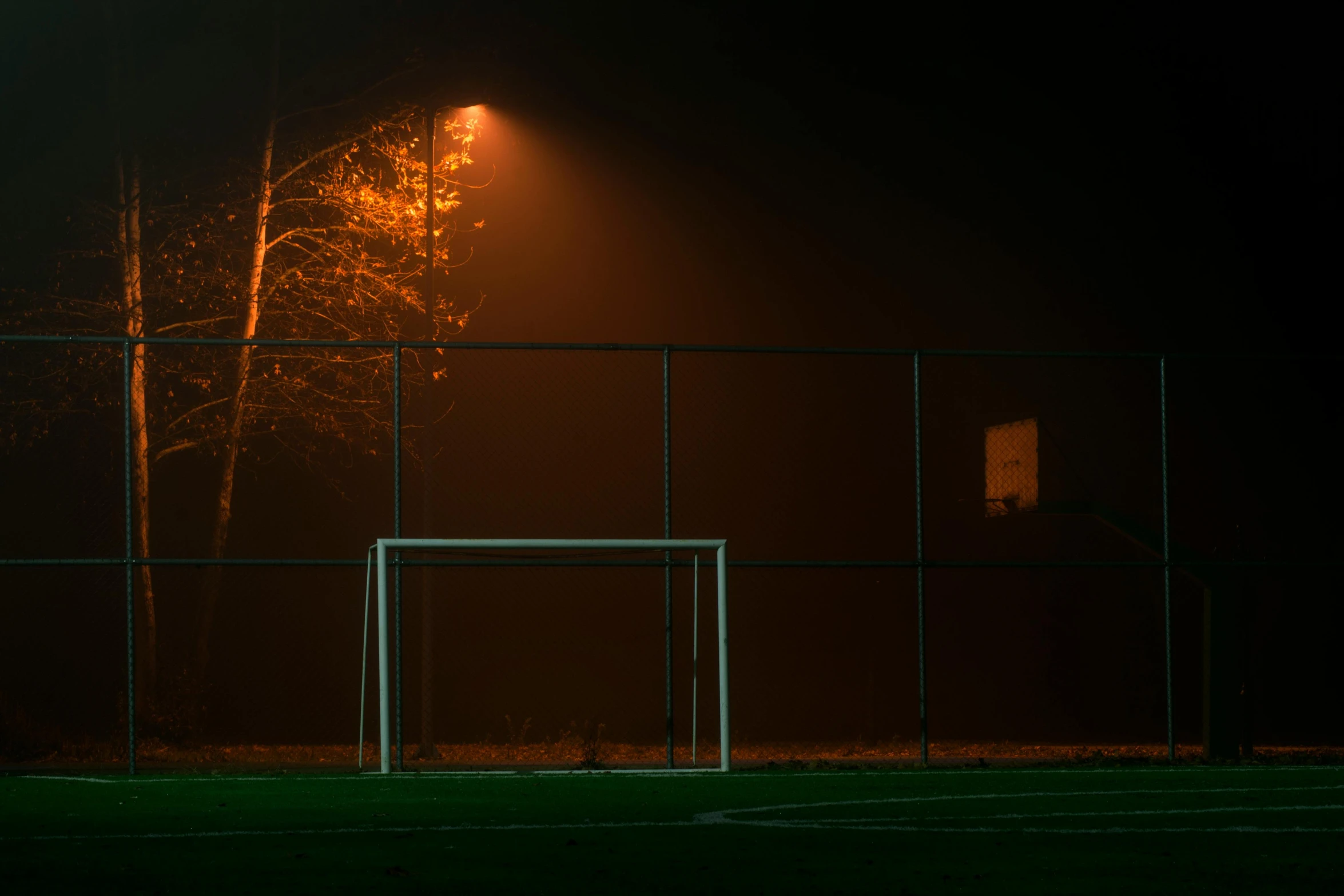 a soccer goal on a soccer field at night, a picture, inspired by Elsa Bleda, pexels contest winner, conceptual art, square, gray fog, ignant, autumn night