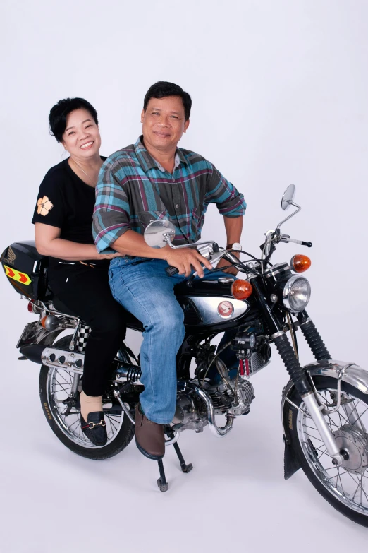 a man and a woman sitting on a motorcycle, by Yosa Buson, full body photograph, square, 45 years old men, dao trong le