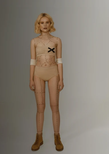 a woman that is standing next to a mannequin, inspired by Vanessa Beecroft, dada, cracked body full of scars, beige, artdoll, transparent