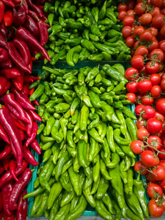 a display case filled with lots of different types of vegetables, pexels, green bright red, spanish, pepper, long