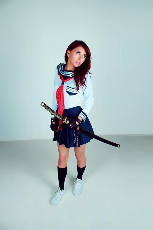 a woman in a skirt holding a sword, jpop clothing, slide show, pokimane, dressed as schoolgirl