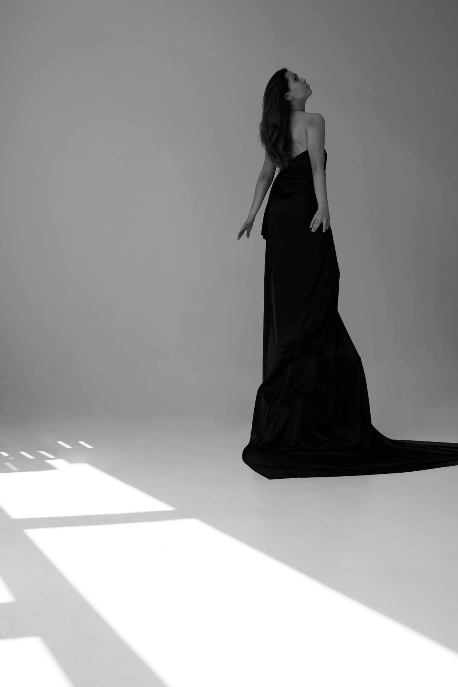 a black and white photo of a woman in a dress, tumblr, conceptual art, dark black long dress, alternate album cover, sunny lighting, showstudio