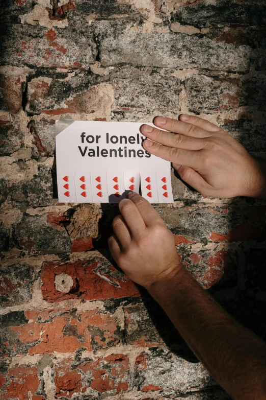 a person holding a sign in front of a brick wall, an album cover, inspired by Storm Thorgerson, tumblr, playing card suit hearts, loneliness, february), bryan lee o'malley