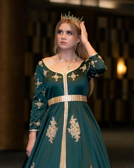 a woman in a green dress with a crown on her head, trending on deviantart, renaissance, ultra realistic 8k octan photo, moroccan, square, evening formal robes