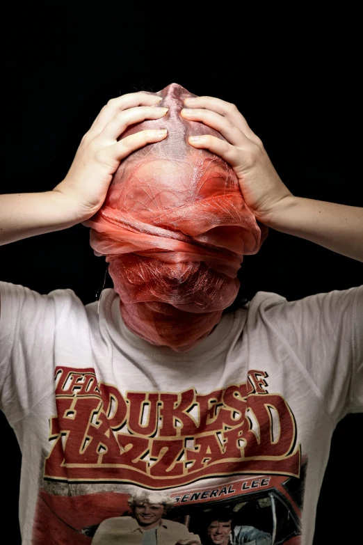 a man with red hair covering his face, an album cover, by Daarken, shutterstock contest winner, deformed human body, dye-transfer, tubular creature, wrinkles
