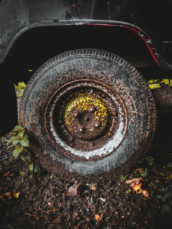 an old truck that is sitting in the dirt, an album cover, by Filip Hodas, unsplash, detailed alloy wheels, moss and mud, bottom - view, made of tar