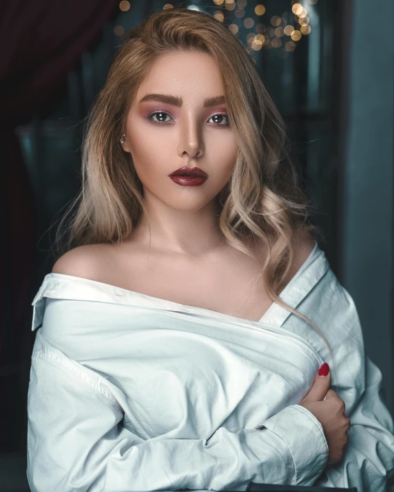 a woman in a white shirt posing for a picture, a colorized photo, inspired by Elsa Bleda, trending on pexels, wearing a velvet robe, androgyn beauty, snapchat photo, 5 0 0 px models