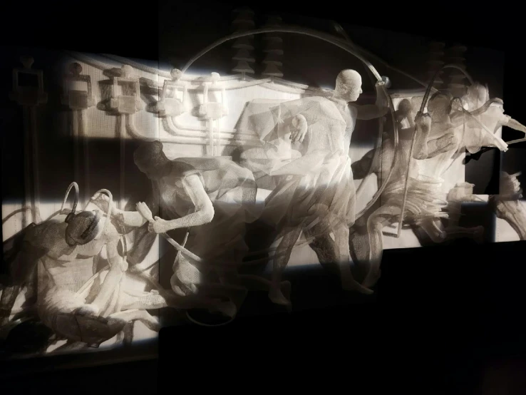 a group of statues sitting on top of a table, by Anna Füssli, pexels contest winner, interactive art, light tracing, in front of a carved screen, fighting scene, glass negative