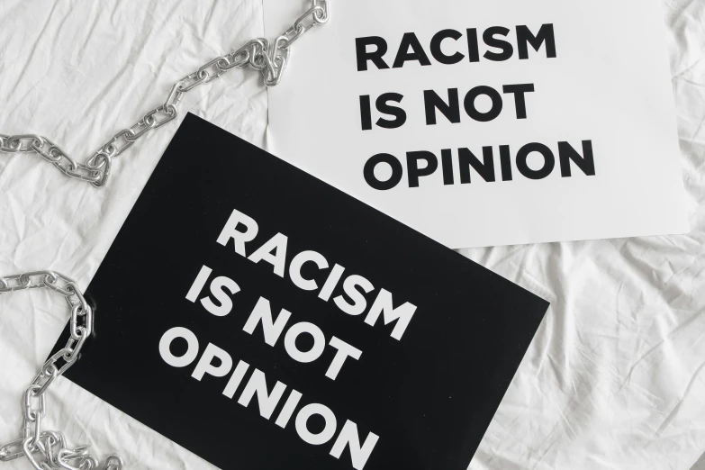 a sign that says racism is not opinion and a sign that says racism is not opinion, a black and white photo, trending on unsplash, prints, flatlay, black choker, medium closeup