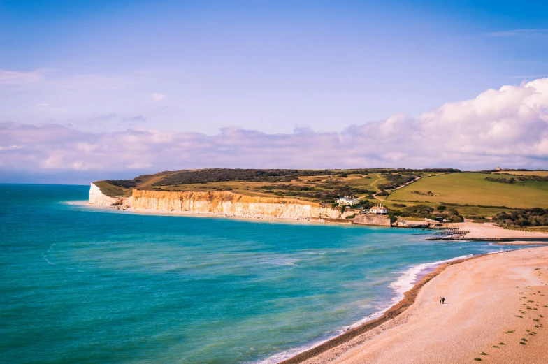 a large body of water next to a sandy beach, by Thomas Baines, pexels contest winner, chalk cliffs above, farming, teal sky, slide show