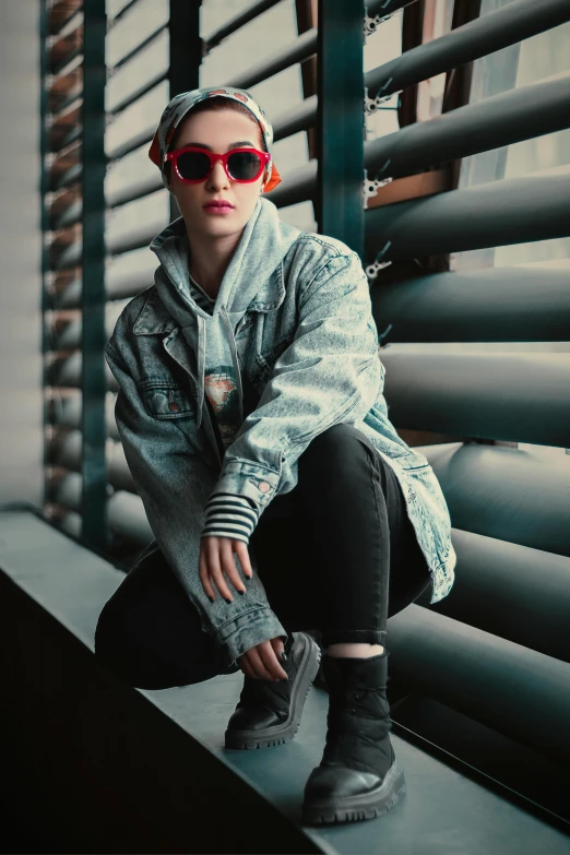 a woman sitting on top of a window sill, inspired by Elsa Bleda, trending on pexels, graffiti, wearing red tainted glasses, wearing a jeans jackets, attractive androgynous humanoid, grey clothes