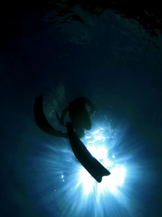 a person swimming in the ocean at night, scuba diving, sun overhead, upsidedown, up close