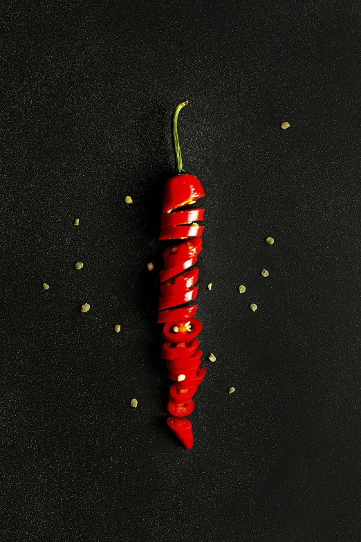 a red chili sitting on top of a black surface, a digital rendering, by Julia Pishtar, trending on pexels, skewer, scorpion tail, pepper, instagram photo