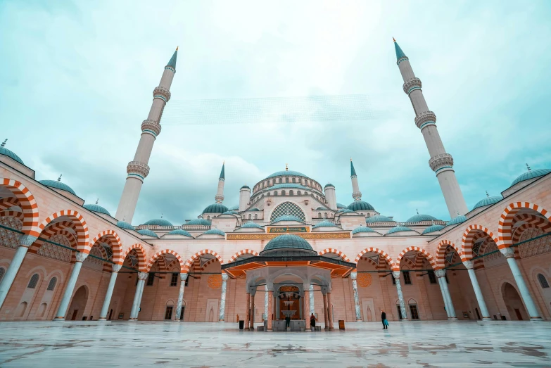 the inside of a building with columns and arches, a colorized photo, pexels contest winner, hurufiyya, with beautiful mosques, youtube thumbnail, sky blue, 2 5 6 x 2 5 6