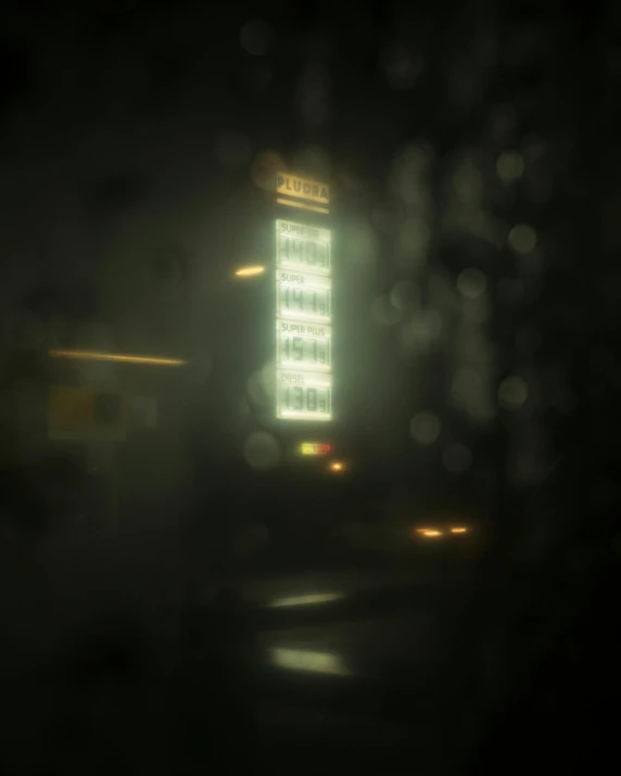 a blurry picture of a street at night, an album cover, inspired by Elsa Bleda, tonalism, sci-fi vending machine, rainy day. game render, an scp anomalous object, ((((octane render
