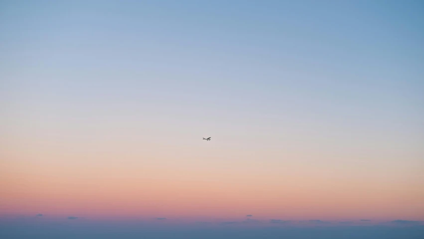 a plane flying over the ocean at sunset, by Matthias Weischer, minimalism, pink, muted color (blues, uniform plain sky, multicoloured