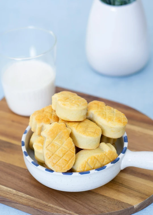 a bowl of waffles next to a glass of milk, by Lilia Alvarado, print ready, cookies, white, small