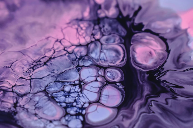 a close up of a liquid substance on a surface, trending on pexels, generative art, purple palette, intricate ink painting, cellular, night time