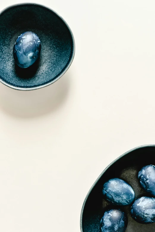 a bowl of blueberries next to a bowl of blueberries, inspired by Maruyama Ōkyo, minimalism, black opals, fine dining, overview, banner