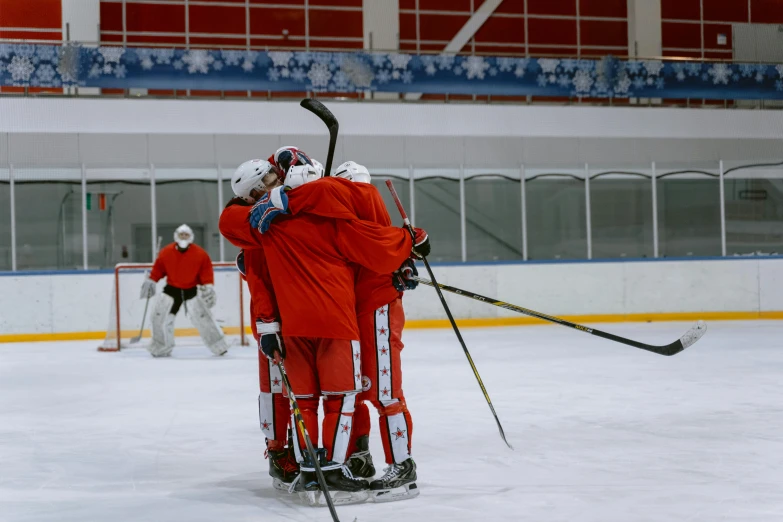 a group of people standing on top of an ice rink, hugging each other, full ice hockey goalie gear, practice, vladimir pchelin