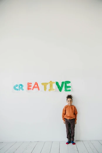 a little boy that is standing in front of a wall, a child's drawing, pexels contest winner, orange and cyan paint decals, 144x144 canvas, lettering, lovecratian