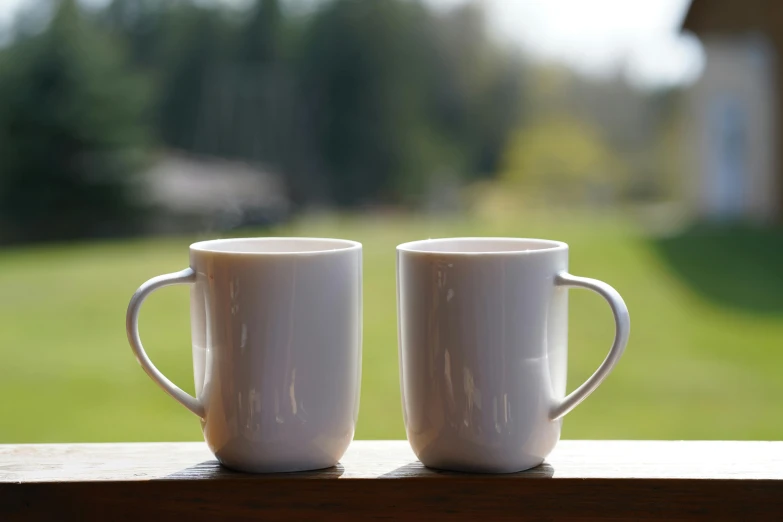 two white coffee cups sitting on top of a wooden table, inspired by Lewis Henry Meakin, grey, vista view, outside, medium-shot