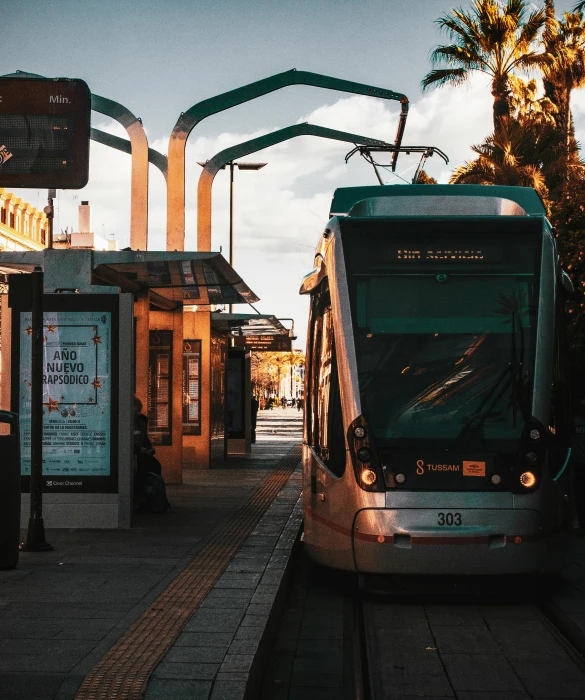 a train pulling into a train station with palm trees in the background, a picture, by Alejandro Obregón, unsplash contest winner, dark city bus stop, 🚿🗝📝, street tram, in an eco city