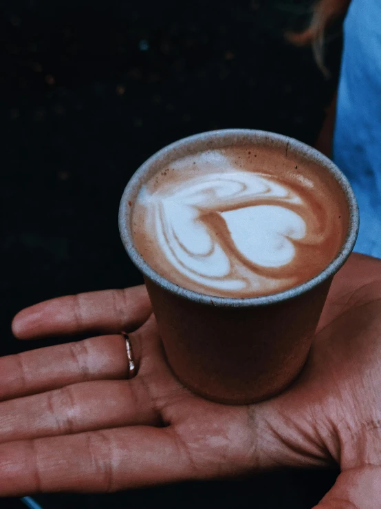 a person holding a cup of coffee in their hand, by Jessie Algie, hurufiyya, heart - shaped face, thumbnail, low quality photograph, woodfired