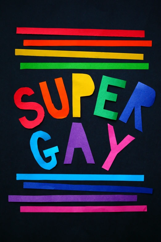 a t - shirt with the words super gay on it, inspired by Peter Alexander Hay, trending on tumblr, on black paper, very closeup, promo image, fan favorite