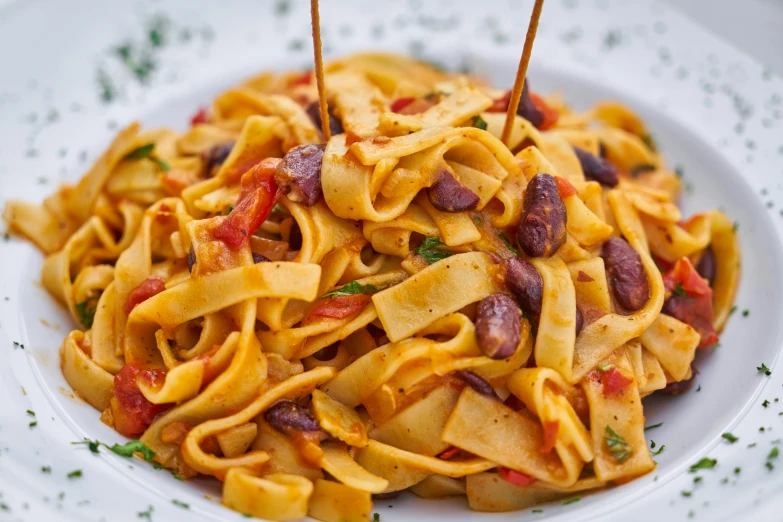 a white plate topped with pasta and beans, inspired by Gianfredo Camesi, pexels contest winner, closeup view, 🦩🪐🐞👩🏻🦳, noodles, yellow and red