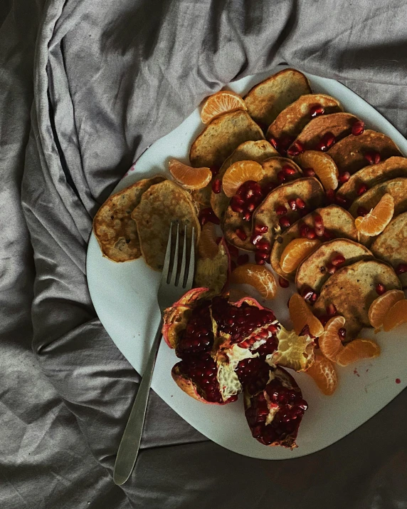 a white plate topped with toast and pomegranate, a still life, pexels contest winner, renaissance, grey orange, pancakes, low quality photo, 🎀 🧟 🍓 🧚