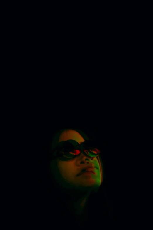 a woman standing in the dark with her eyes closed, an album cover, unsplash, hurufiyya, with sunglass, ((zerator)), shades green and red, slit-scan photography