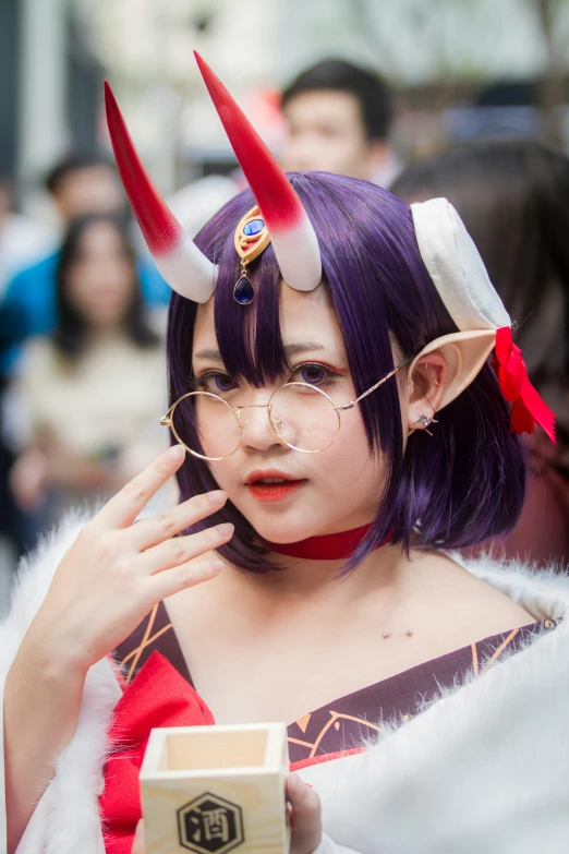 a close up of a person wearing a costume, by Kamagurka, cute horns, purple and red, square, 奈良美智