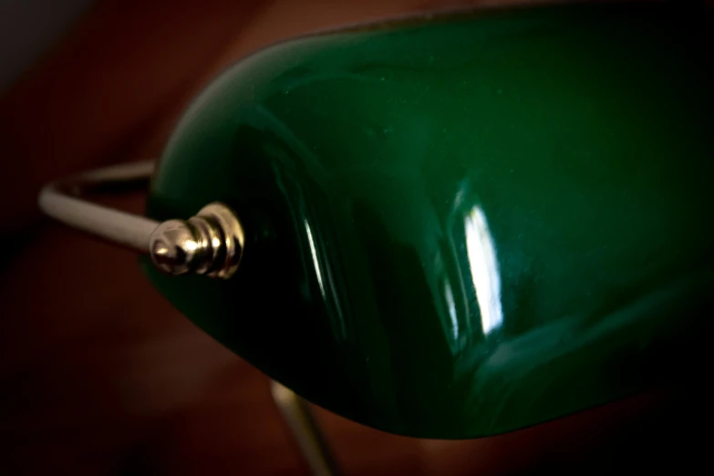 a green lamp sitting on top of a wooden table, by Etienne Delessert, details face, 6 0's, student, quality