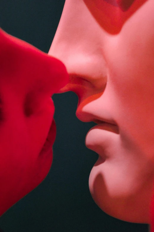 a close up of a statue of a woman kissing a man, by Doug Ohlson, visual art, pink and red color scheme, ignant, looking at each other mindlessly, plush lips