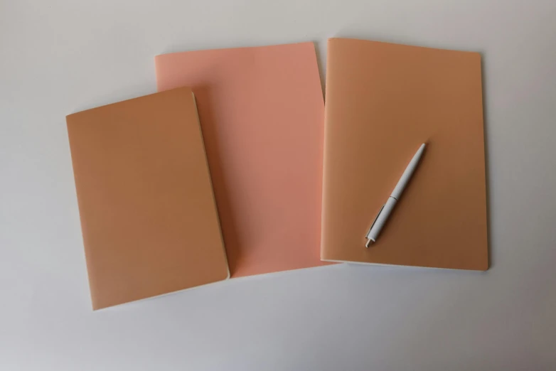 three notebooks with a pen on top of them, private press, cinnamon skin color, soft rubber, peach, thumbnail