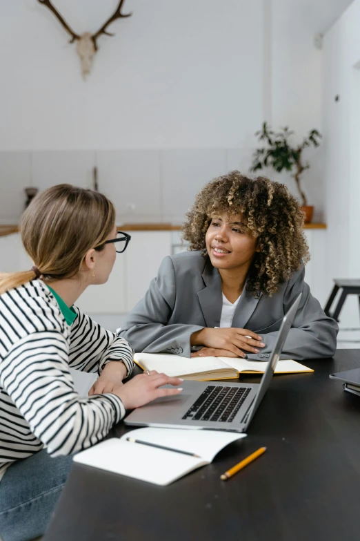 a couple of women sitting at a table with laptops, trending on pexels, professional photo, in meeting together, schools, thumbnail