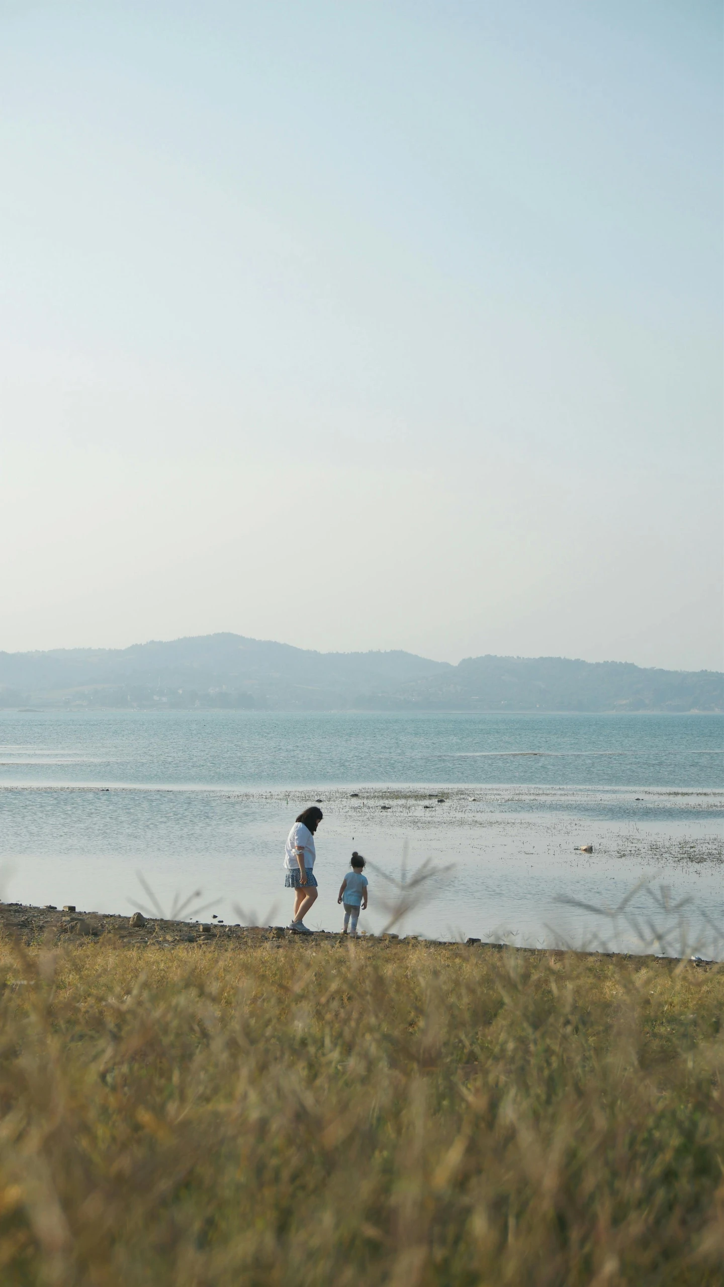 a couple of people that are standing in the grass, unsplash, mingei, view of sea, walking boy, low quality photo, ( land )